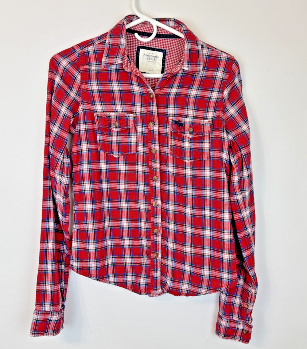 Abercrombie & Fitch Button Down Women's Small Red Blue Plaid Long Sleeve 100%